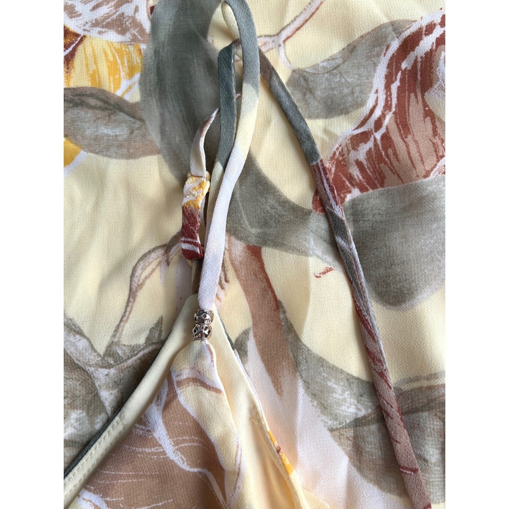 WHBM Womens Size 8 Slip Mini Dress Yellow Green Floral Leaf Tropical Boho Resort - Picture 7 of 13